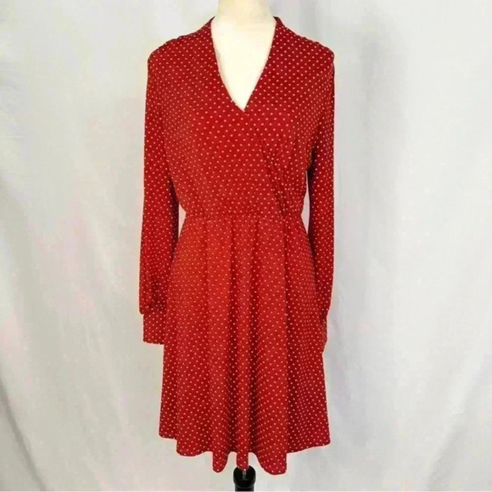 Adrianna Papell Long Sleeve Red Polka Dot V-Neck Midi Dress Medium Elastic Waist